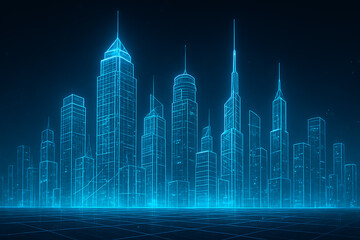 Digital wireframe skyline of futuristic city with neon blue grid and geometric towers