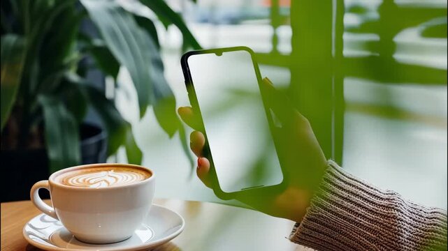 Person holding smartphone with blank white screen in cafe, showcasing modern technology and lifestyle with a cup of coffee and green plant ai generated vedio