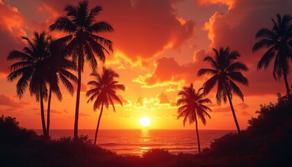 Silhouetted palm trees against vibrant orange sunset over calm ocean. Tropical coast glows with fiery clouds and setting sun over sea horizon.