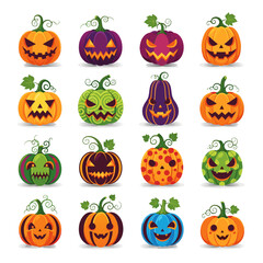 Smiling orange pumpkins and spooky jack-o'-lanterns form a seamless pattern  vector illustration set