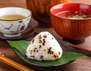 Japanese rice ball on a leaf, tea and soup in the background
