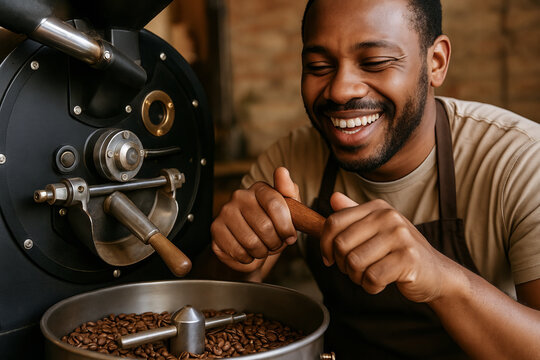 African american barista roasting coffee beans in rustic cafe setting highlighting concept of artisan coffee making and passion for perfect brew - Powered by Adobe