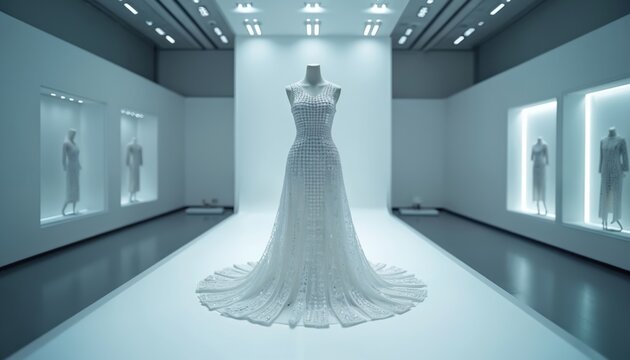 Mannequin in modern white dress on runway, art gallery, digital fashion evolution display. Futuristic couture shown in clean studio, innovation concept. Elegance meets tech.
