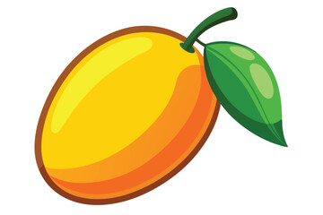Cartoonstyle mango with a green leaf exhibits simple beauty against a pure white backdrop