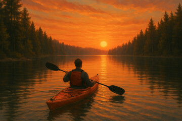 Person kayaking on a tranquil lake at sunset surrounded by lush forest landscape, reflective outdoor activity, nature exploration, evening serenity, water adventure