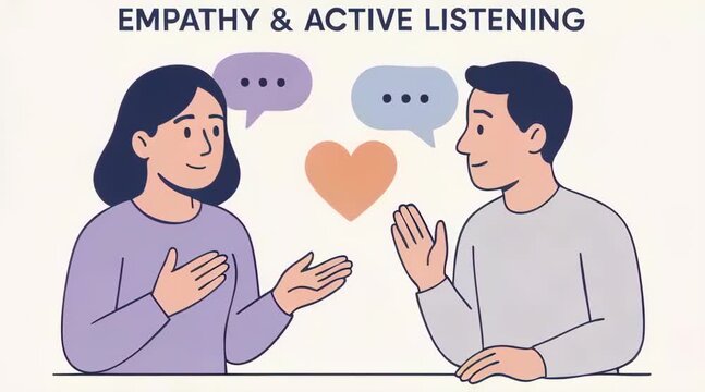 Two people sitting and talking in a calm, cozy environment, practicing empathy and active listening, one person speaking while the other attentively listens, nodding and showing understanding