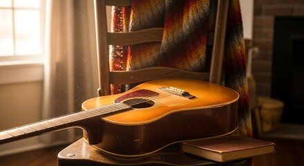 Symbolic of legacy and warmth: an old guitar resting on a chair