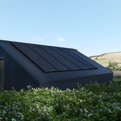 Obraz premium Modern Dark House with Solar Panels on Roof, Green Nature Background