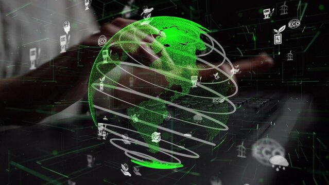 This image showcases a digital globe surrounded by eco-friendly icons, symbolizing the intersection of technology and sustainability, capturing the essence of modern innovation. Xenic