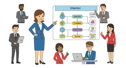 Diverse Business Team Presenting Strategy Diagram.