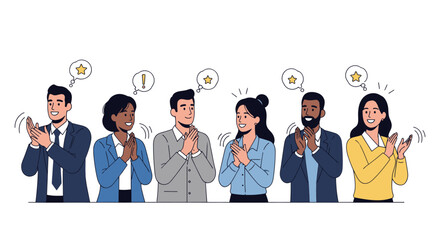 Diverse group of professionals applauding with positive feedback icons above their heads.