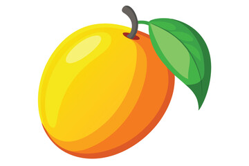 Bright yellow mango fruit presents a vibrant green leaf and a short stem