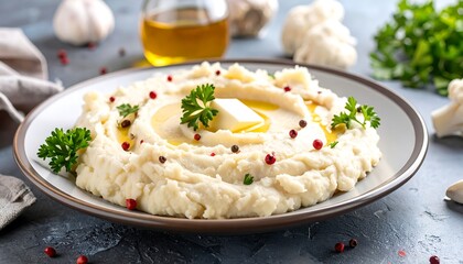 Creamy mashed cauliflower dish with butter, herbs and pepper garnish, on gray surface