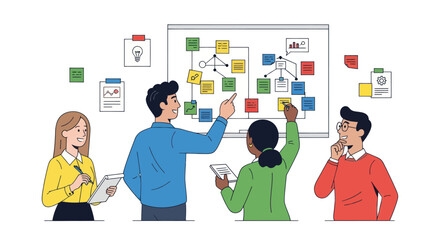 Collaborative Team Brainstorming Session with Kanban Board.