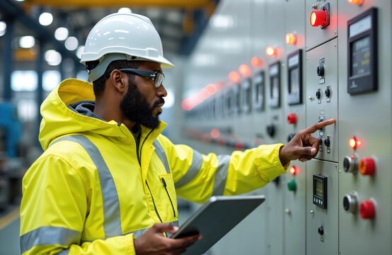 Black engineer in yellow hi-vis jacket and helmet checks control panel with tablet computer. Industrial factory worker operates machinery, monitors production process. Modern manufacturing plant.