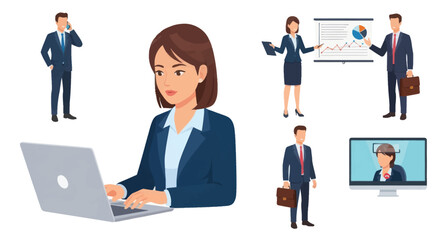 Diverse Business Professionals in Various Work Poses.