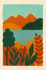 Serene Landscape with Mountains, Lake, and Floral Elements