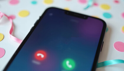 Modern black smartphone screen clearly shows incoming phone call notification. Red decline, green answer buttons visible on dark display. Scattered colorful confetti, festive ribbons on white