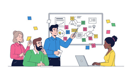 Diverse Business Team Collaborating on Project Strategy with Whiteboard Presentation.