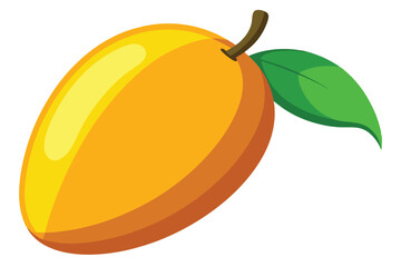 Single cartoon mango with a stem and leaf lies on white surface showing bright color