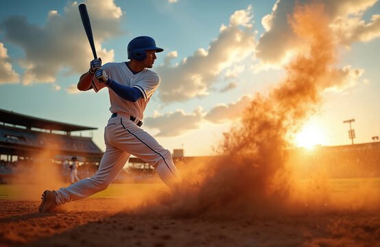 Baseball player swings bat on dirt field. Dust clouds rise from ground after powerful hit. Athlete wears uniform and helmet at sunset in stadium. This dynamic action shot shows game energy.
