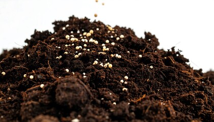 Dark, rich soil mound with small white seeds falling down, isolated against white