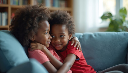 Fototapeta premium Two young african american children embrace warmly on a couch. A brother comforts his upset sister, showing love, care, and strong sibling bond, family togetherness in home setting.
