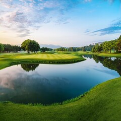 Beautiful view of meadow and amazing trees reflected on the water surface somewhere is popular for golf resorts, lakes, gardens, lake, marsh pools 