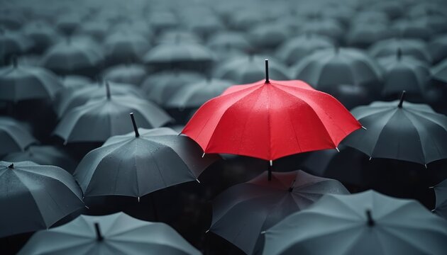 One bright red umbrella stands out against a sea of dark gray umbrellas. The contrast highlights individuality and standing out from the crowd in bad weather.