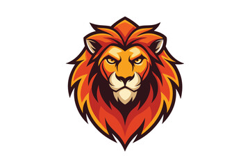 A fierce lion head displays orange and brown fur on a clean white background