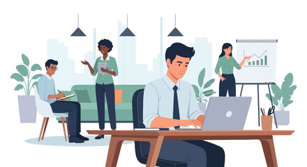 Diverse business team collaborating in a modern open-plan office environment with a man working on a laptop.