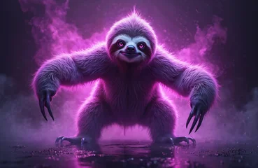 Tableau sur plexiglas  Glowing purple sloth with outstretched arms stands against dark backdrop with mystical haze. This unique creature has bright pink eyes and appears friendly and playful, inviting attention.  © Viktor