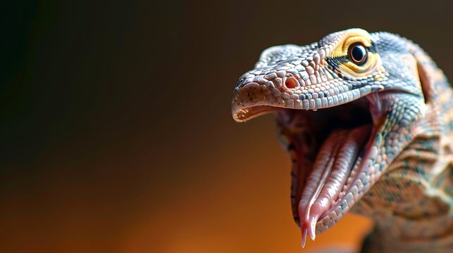 Closeup of a komodo dragon with its mouth open, showing its tongue