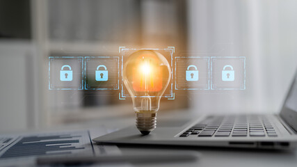 Digital security concept illustrating a cybersecurity breach, with a red unlocked padlock...