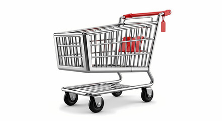 Shopping cart with red handle and tag in clean studio lighting on white background for retail and e-commerce.