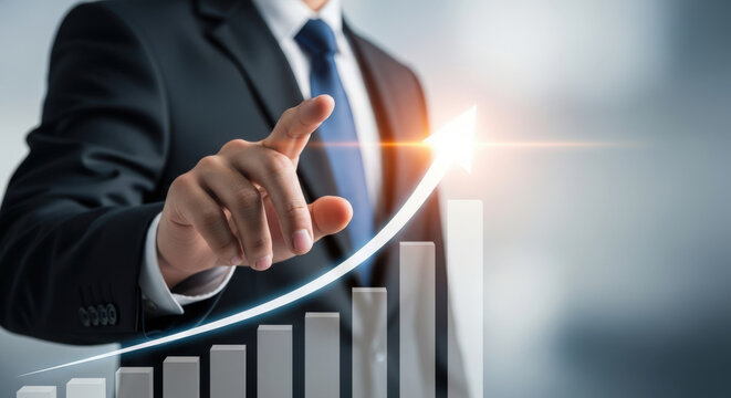 Businessman pointing at rising financial graph, business growth concept.