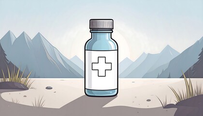 Medicine bottle on a flat plane with mountains and a sunrise in the background