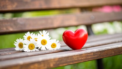Red heart and daisies on a park bench (1)
