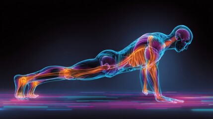 Digital Representation of a Human Doing a Push-Up With Emphasis on Muscle and Skeletal Structure in a Colorful Design