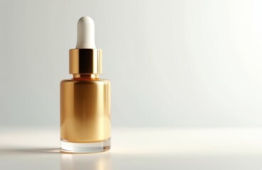 Fototapeta premium Gold cosmetic serum dropper bottle with white applicator isolated on a clean white background. Luxury skincare packaging for beauty and self-care products. Essential liquid gold.