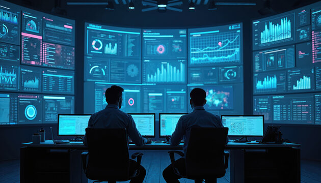 Two men sit in a dimly lit room in front of multiple glowing screens. They work together in a modern tech control center, analyzing complex data streams and system performance.
