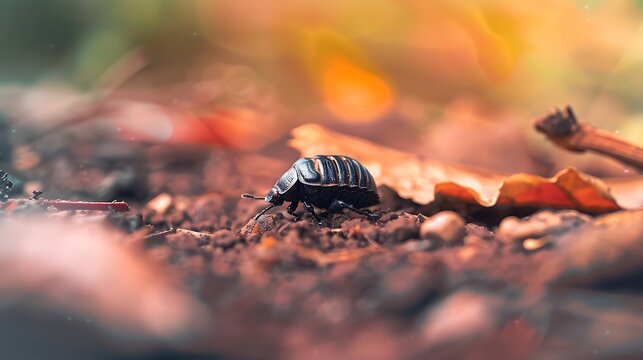 A woodlouse crawls on the forest floor amidst fallen leaves in warm sunlight