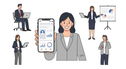 Diverse business professionals collaborating and using technology for success.