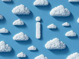 Letter i made of cotton wool among white clouds on the blue background