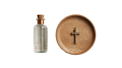 Vintage Holy Water Bottle with Christian Cross on Wooden Plate Isolated on white Background