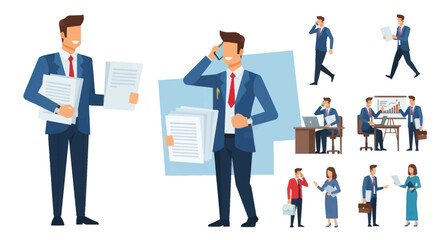 Businessmen in Suits: Diverse Poses and Actions Holding Documents and Using Phones.