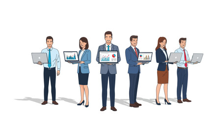 Diverse Business Team Holding Laptops with Data Charts.