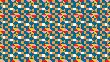 A seamless geometric pattern featuring a bold mix of blue, orange, yellow, red, and pink. The abstract arrangement of squares and triangles creates a modern, playful, and dynamic visual effect
