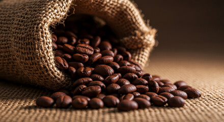 Fototapeta premium Spilled Roasted Coffee Beans on Burlap Surface