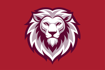 Bold lion head displays a stylized mane with intense stare over deep crimson background